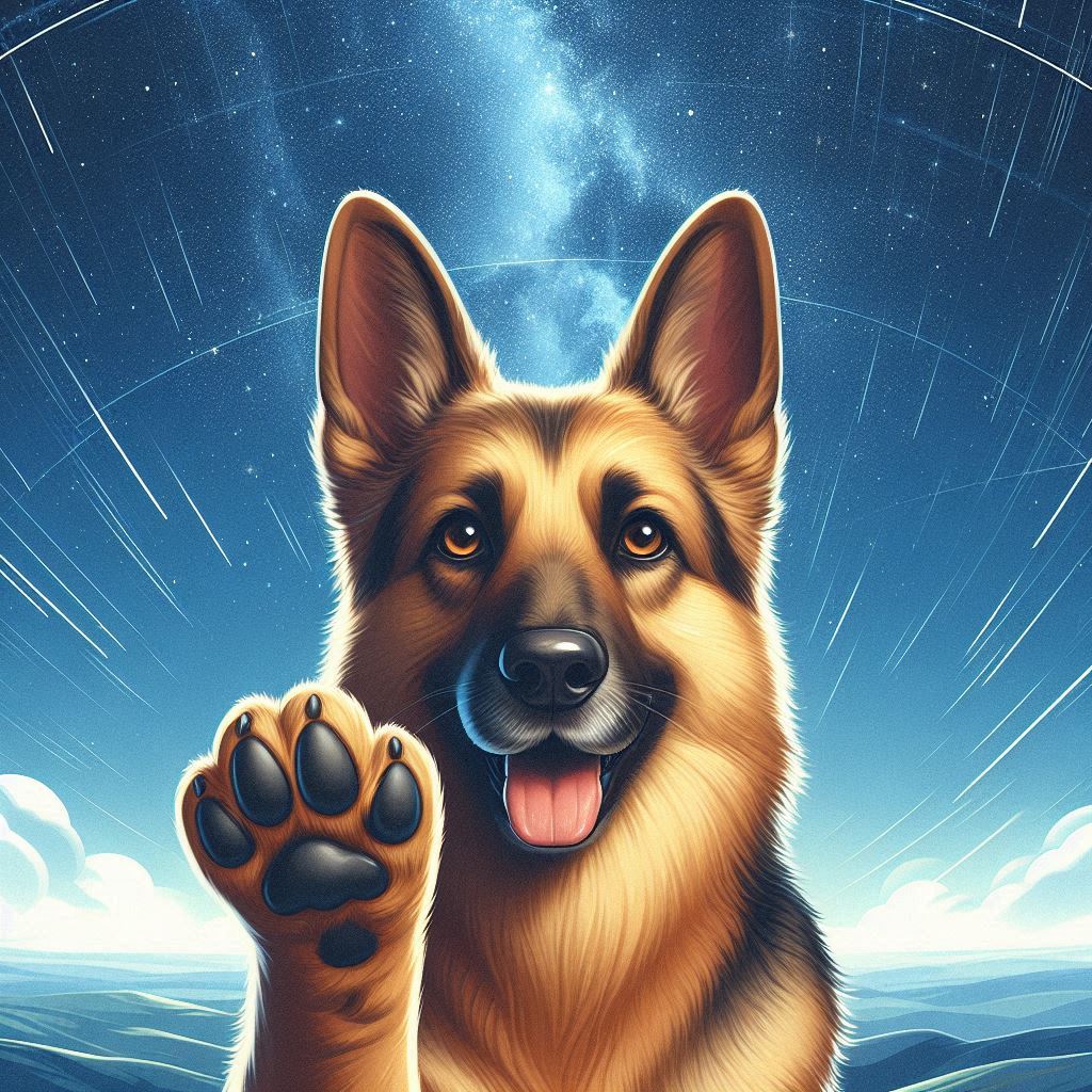 Si, the shepherd dog waving hello under a starry sky